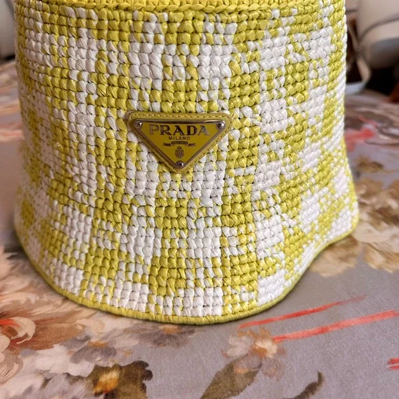 Prada Crochet Bucket Hat in Green and White Prada Embroidered Lettered-Logo Crochet Bucket Hat - Green  main image 3